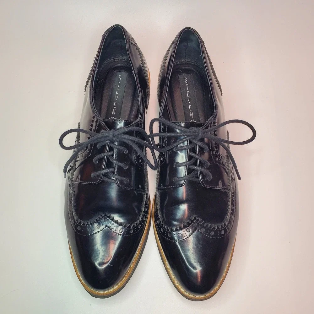 Steven by Steve Madden Steffan Black Patent Wingtip Oxford Platform Shoes‎ 8.5M